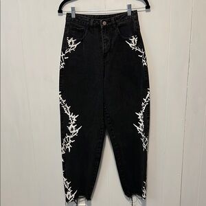 Black and White High Rise Barrel Jeans with Ornate Barbwire Design